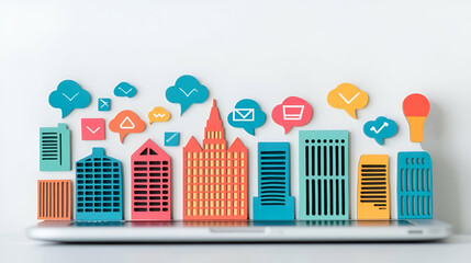 Poster - E-learning Hub, a detailed close-up of a laptop displaying vibrant icons representing various online learning tools and resources