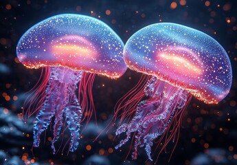 Wall Mural - A neon-colored, bioluminescent jellyfish glides through the dark blue ocean