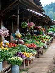 Aufkleber - Vibrant local market filled with fresh vegetables and colorful produce in a village setting amid lush greenery. Generative AI