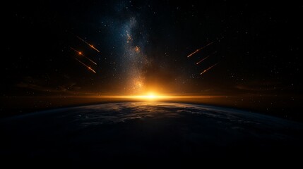 Sticker - Earth sunrise with meteor shower and Milky Way.