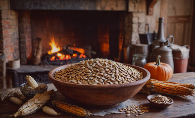 Poster - A bowl of nuts sits on a table next to a fireplace and a bowl of corn. The scene is cozy and inviting, with the warmth of the fire and the abundance of food creating a sense of comfort and abundance