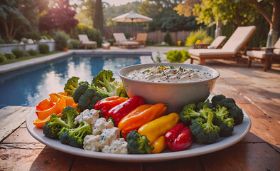 Poster - A plate of vegetables and dip is on a wooden table outside. The table is surrounded by chairs and a pool