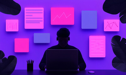 Poster - Data Analyst at Work, immersed in complex data analysis, laptop open, surrounded by notes and charts, focused expression, vibrant workspace atmosphere