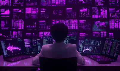 Poster - Data analyst immersed in analysis on a laptop, surrounded by charts and reports, engaged in problem-solving and strategic planning