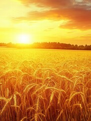 Poster - Golden wheat field under a sunset sky with warm colors and a distant tree line creating a serene landscape view. Generative AI