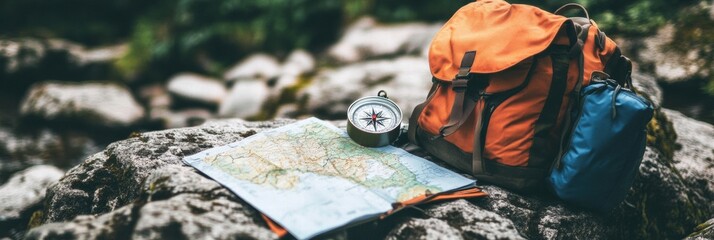 Aufkleber - Adventurers tools resting on a rock with a map and compass during an outdoor exploration in nature. Generative AI