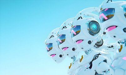 Poster - Robotic Ensemble with Headphones, a diverse gathering of robots showcasing an array of colorful headphones, highlighting individuality and technology.
