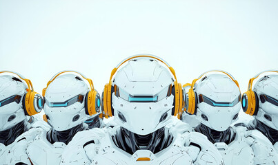Poster - Robots in Headphones, a diverse assembly of robots sporting an array of colorful headphones, showcasing a blend of technology and style.