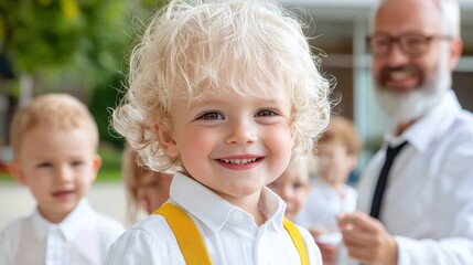 happy toddler boy smiles, other children and adult blurred background.