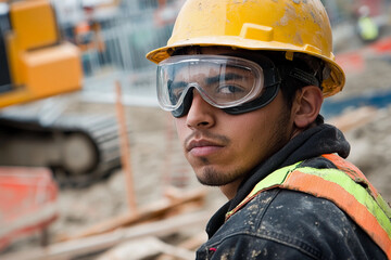Poster - Young worker wearing safety gear at construction site