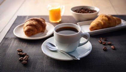 Wall Mural - Cup of coffee and croissant in the table