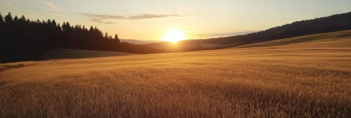 Poster - Sunset over golden wheat field with pine trees in the background near a mountain range. Generative AI