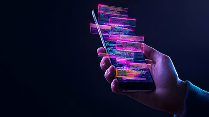 Poster - Smartphone Interaction, a hand grips a smartphone displaying multiple chat bubbles, illustrating modern communication and digital engagement.