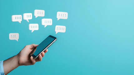 Poster - Smartphone Interaction, a hand gripping a smartphone, displaying various chat bubbles, symbolizing digital communication and connectivity.