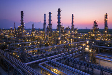 Aufkleber - Industrial complex illuminated at dusk with pipelines