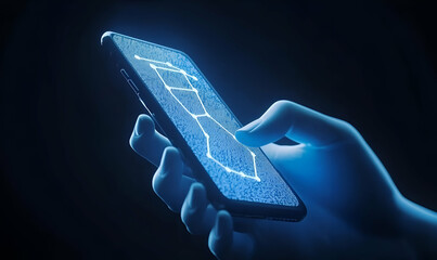 Poster - Digital Conversation, A hand engaged with a chatbot interface on a smartphone, showcasing modern communication technology and interaction.