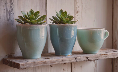 Poster - Three small blue and white ceramic pots with plants in them sit on a wooden shelf. The pots are arranged in a row, with the middle one slightly taller than the other two