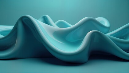 Poster - Abstract 3D render of flowing teal fabric. Dynamic shapes and smooth curves create a sense of movement and elegance. Light plays across the material. It a stylish artistic composition.