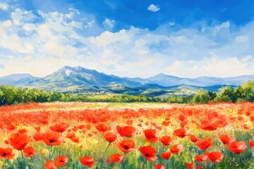 Poster - Vibrant poppy field under a bright blue sky with mountains in the background during sunny daylight. Generative AI