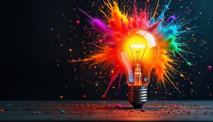 Poster - Colorful light bulb explodes with vibrant splashes. Creative thinking bursts with colorful energy. Innovative ideas spark. Dynamic illustration embodies brainstorming. Perfect for business