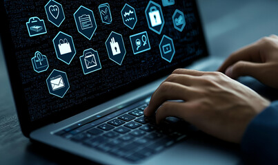 Poster - Digital Interaction, a hand engaged in typing on a laptop, vibrant digital overlay reflecting data and connectivity in a modern workspace