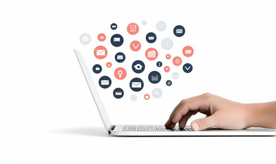 Poster - Digital Interaction, A hand engaged with a laptop amidst vibrant floating icons representing various applications and technologies in a modern workspace