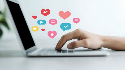 Poster - Digital Interaction, a hand engaged with a laptop, surrounded by floating icons symbolizing technology and connectivity in a modern workspace