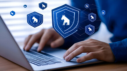 Poster - Digital Security Engagement, an individual interacting with a laptop, surrounded by icons representing cybersecurity and digital protection measures