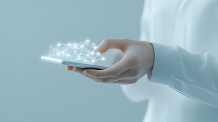 Poster - Chatbot Interaction, a hand engaged in a phone conversation with a chatbot, showcasing modern communication technology and user experience