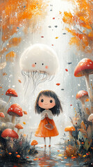 Wall Mural - illustration for a children's book A girl with a cheerful expression and various bizarre plants and mushrooms growing around her. The illustration evokes the feeling of a delightful children's book wi