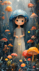 Wall Mural - illustration for a children's book A girl with a cheerful expression and various bizarre plants and mushrooms growing around her. The illustration evokes the feeling of a delightful children's book wi