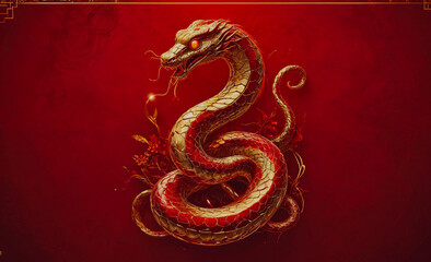 Poster - Red snake with gold scales and a glowing eye. The snake is curled up and he is sleeping