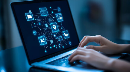 Poster - E-learning Hub, a laptop screen displaying an array of online courses, vibrant interface, various subjects, accessible education at fingertips