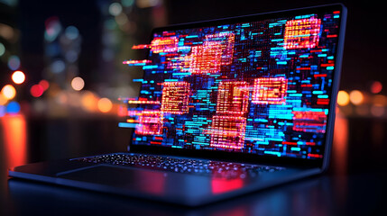 Poster - Digital Workspace, a sleek laptop displaying an organized digital file system, vibrant icons and folders illustrating efficient data management