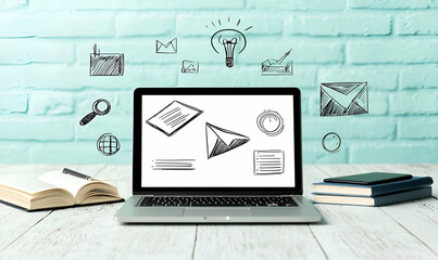 Poster - Digital Learning Hub, a laptop displaying an interactive e-learning platform with diverse educational resources and vibrant graphics.