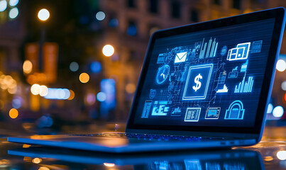 Poster - Digital workspace, laptop adorned with financial symbols, representing modern finance and technology integration, ideal for business discussions