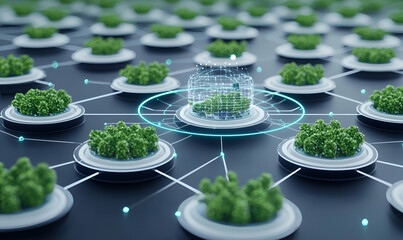 Poster - Smart Farm Panorama, a wide expanse showcasing advanced agricultural technology, diverse crops, and integrated AI systems for sustainable farming.