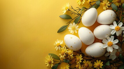 Wall Mural - The top view of easter decoration white eggs on yellow background with flowers