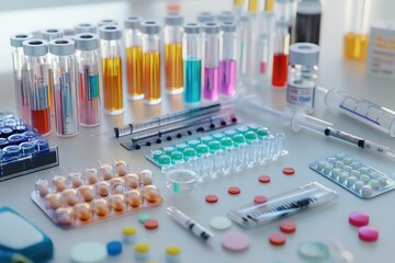 Aufkleber - Collection of various medications and laboratory equipment arranged on a clean surface in a clinical setting. Generative AI