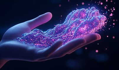 Poster - Digital Engagement, a figure immersed in a vibrant digital landscape, interacting with holographic data streams and futuristic interfaces.