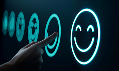 Poster - Face Selection Interface, an individual engaging with a digital touch screen, choosing a smiling emoji amidst various expressions, conveying emotion and interaction.