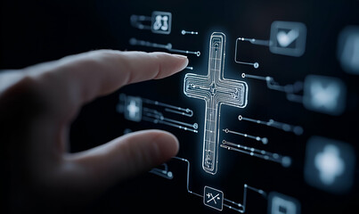 Poster - Digital interaction with a healthcare symbol, a person engaged in a virtual health service, showcasing modern medical technology and accessibility.