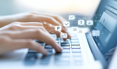 Poster - Focused individual engaged in work on a laptop, surrounded by a vibrant digital interface, showcasing modern technology and productivity.
