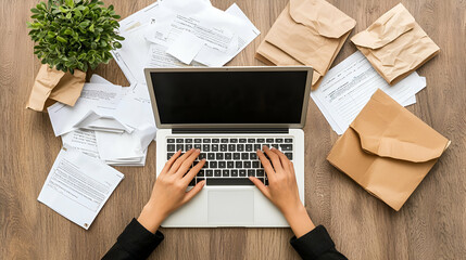 Poster - Digital Workspace, a person engaged with a laptop, focused on managing digital files in a modern, organized environment.