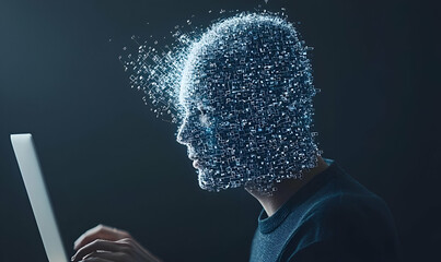 Poster - Tech-savvy individual engaged in data analysis, illuminated workspace, laptop displaying complex data visuals, focused expression, modern environment