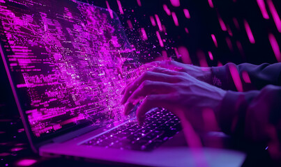Poster - A person engaged in work on a laptop, surrounded by a transparent digital interface showcasing various data and graphics.