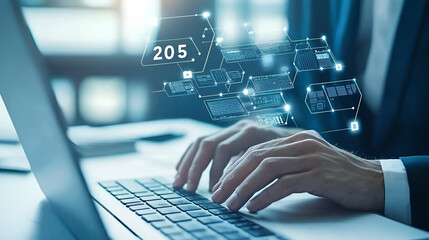 Poster - Digital workspace, individual engaged with a laptop, surrounded by digital planning tools, focused on productivity and organization.