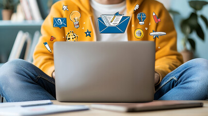 Poster - E-learning Engagement, individual immersed in online learning, focused on laptop, vibrant interface displaying educational content, cozy study environment