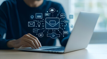 Poster - Student engaged in online learning, focused on laptop screen, interactive e-learning platform, comfortable study space, modern technology integration