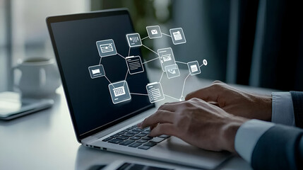Poster - Digital Workspace, individual engaged with a laptop amidst vibrant floating digital elements, symbolizing innovation and connectivity in a modern environment